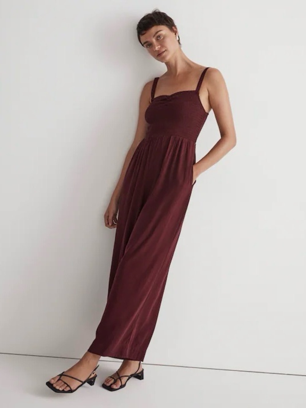 Madewell The Lucie Wide-Leg Jumpsuit Smocked Bodice Cabernet Sz S NWT New